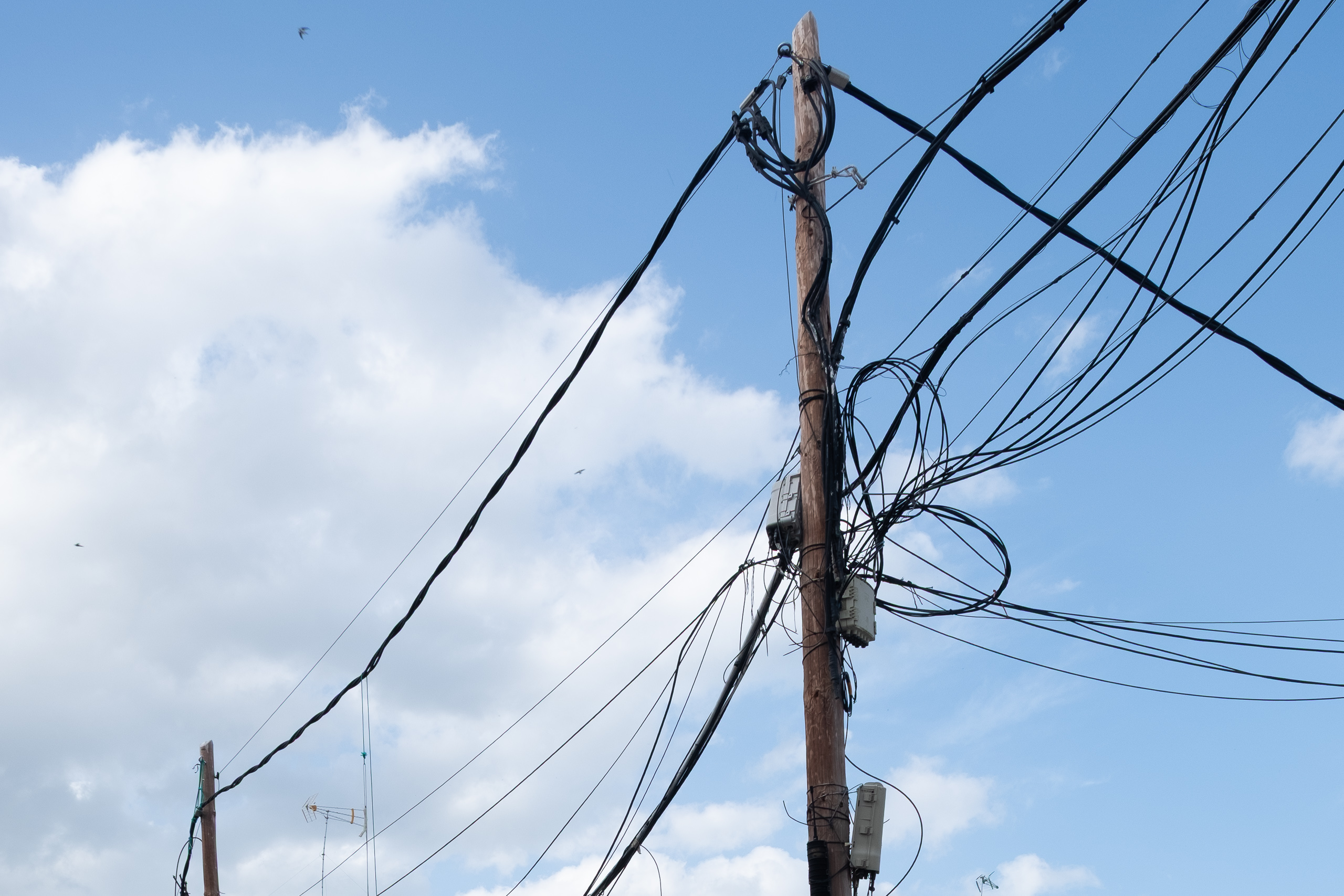 Kabelsalat am Telefonmast – typisches Straßenbild